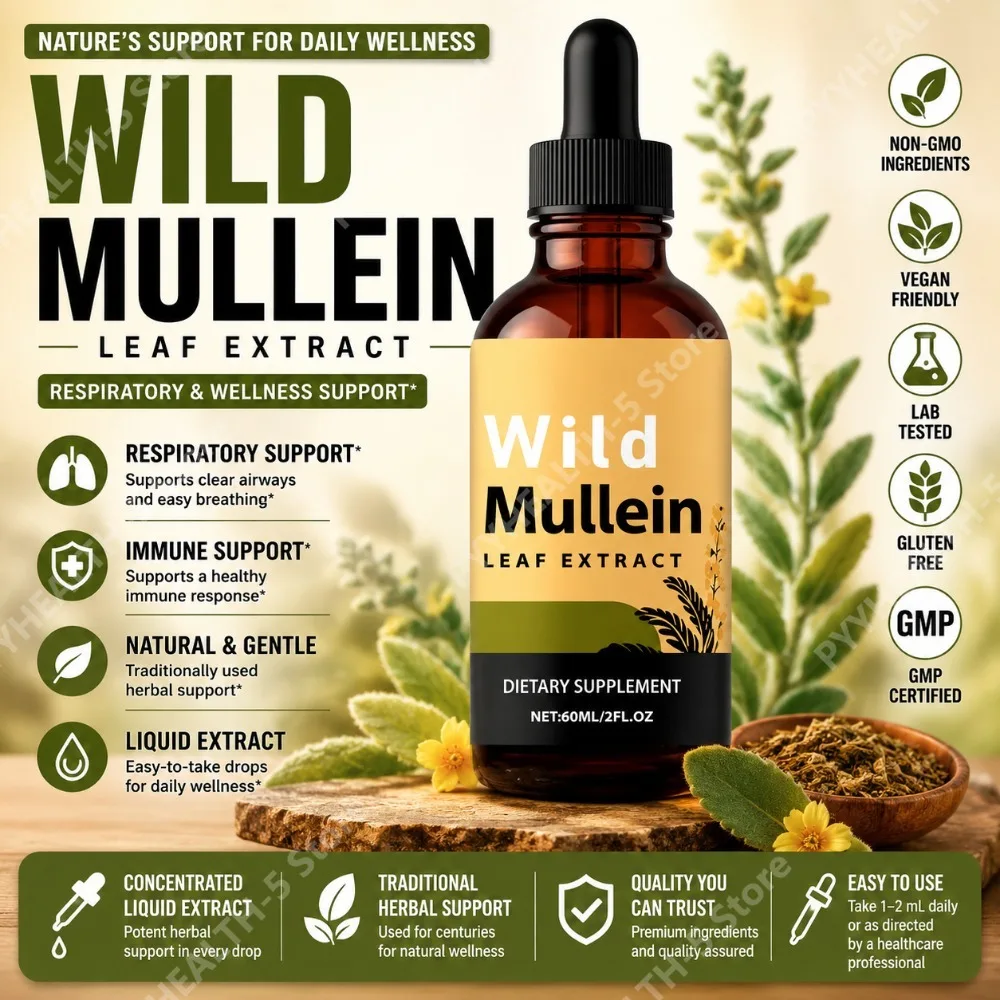 Herbal Wellness For You - ยาสมุนไพรสูตรน้ำหยดใบมัลลีนผสมขิง บรอมเอเลน และเปลือกมะนาว สำหรับเสริมสุขภาพประจำวันสำหรับผู้ใหญ่ 60 มล.